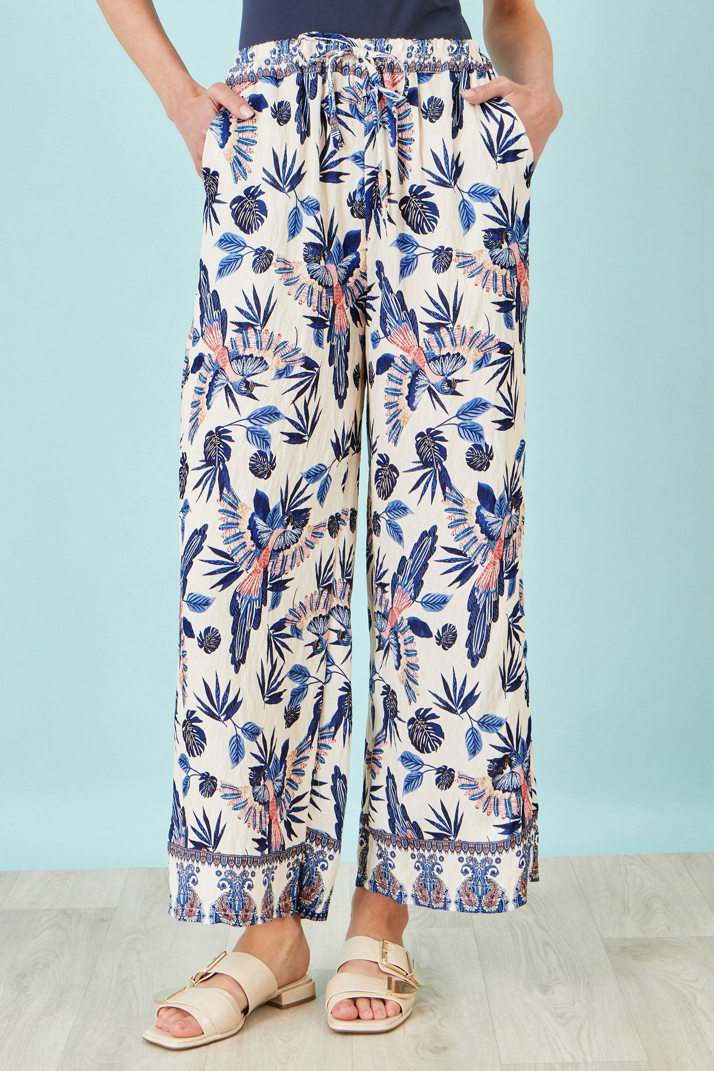 Yumi Blue Bird Print Viscose Wide Leg Trousers