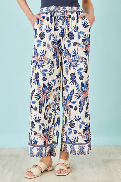 Yumi Blue Bird Print Viscose Wide Leg Trousers