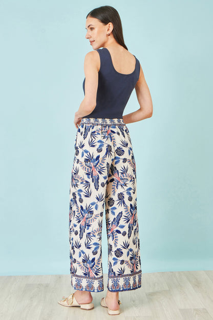 Yumi Blue Bird Print Viscose Wide Leg Trousers