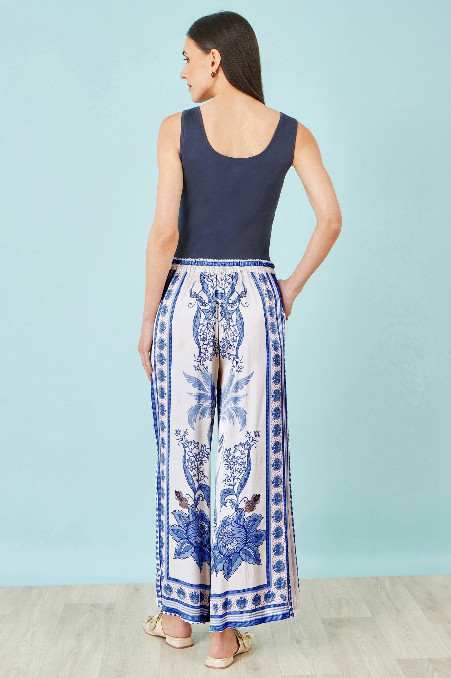 Yumi Blue Satin Print Placement Relaxed Trousers