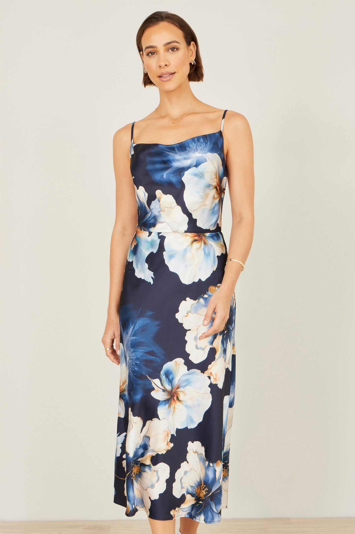 Yumi Navy Cowl Neck Satin Floral Dress