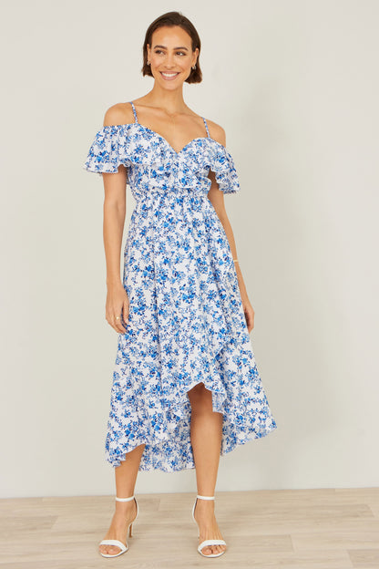 Yumi Blue Floral Print Bardot Midi Dress With Dip Hem