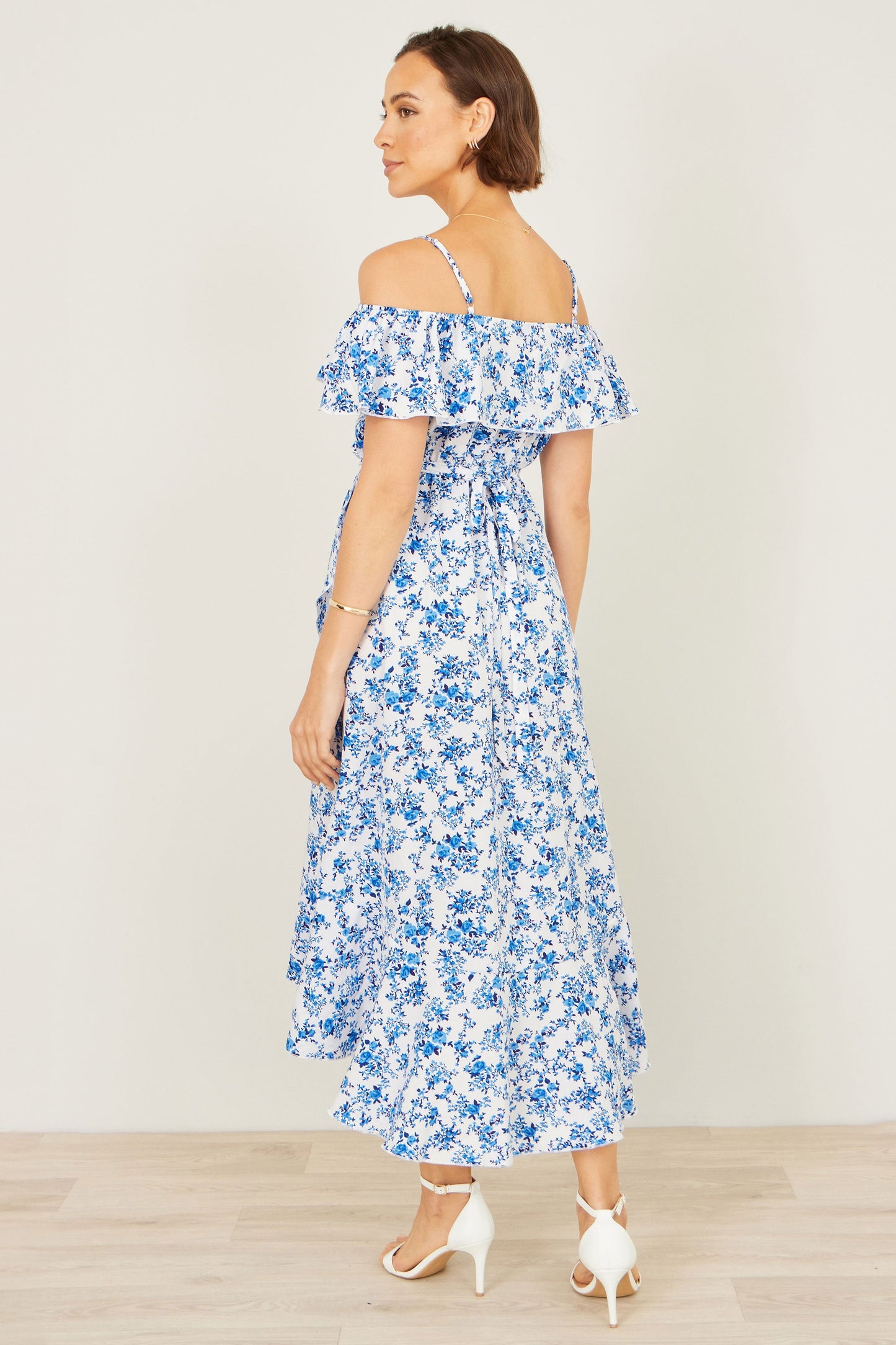Yumi Blue Floral Print Bardot Midi Dress With Dip Hem