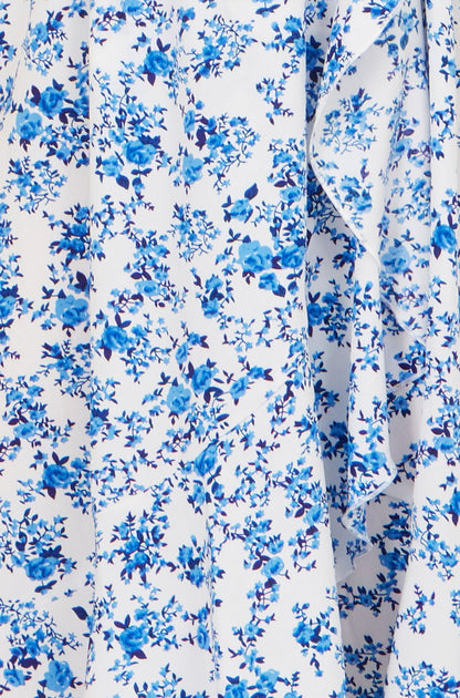 Yumi Blue Floral Print Bardot Midi Dress With Dip Hem