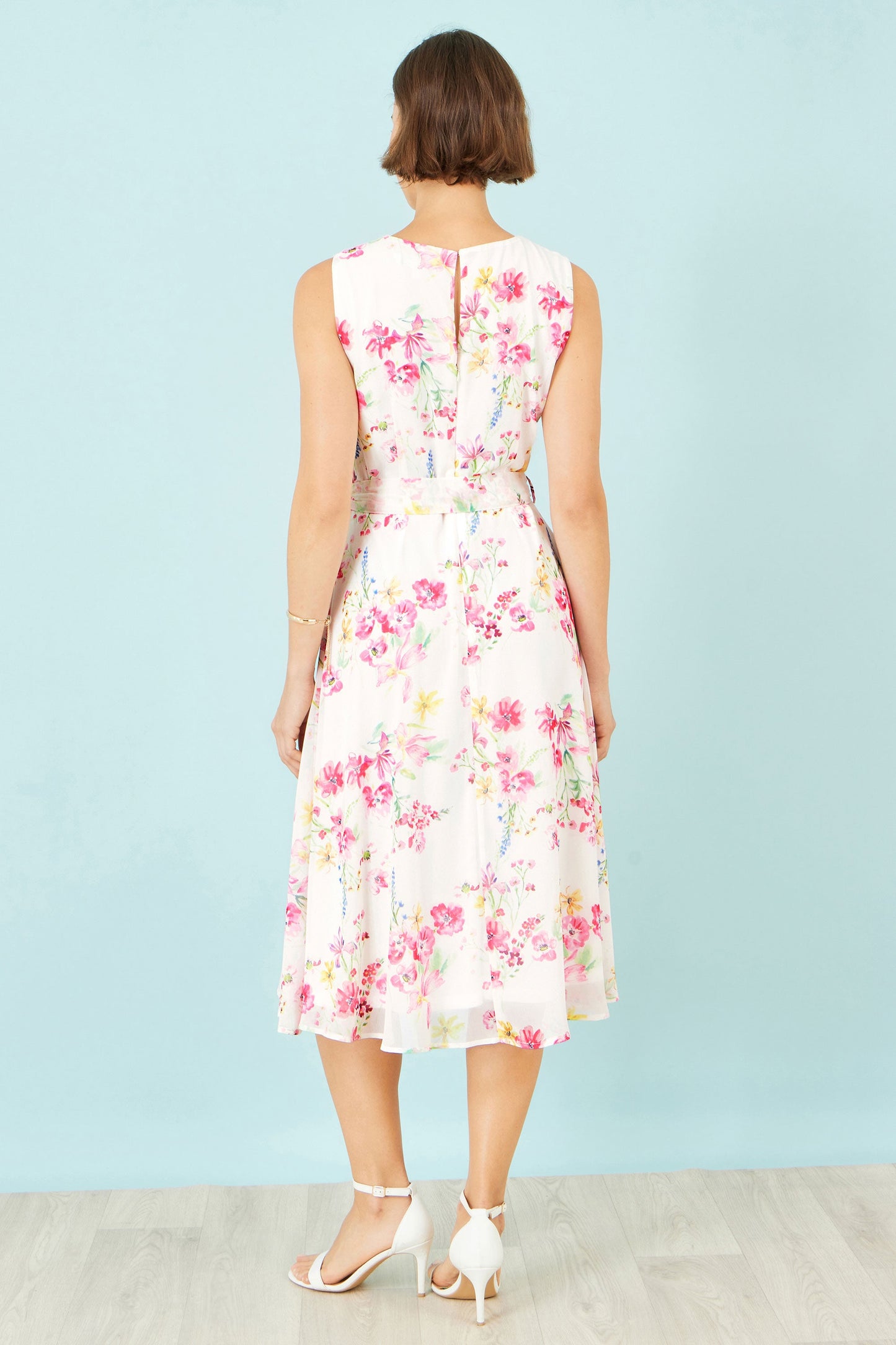 Yumi White Delicate Floral Midi Skater Dress