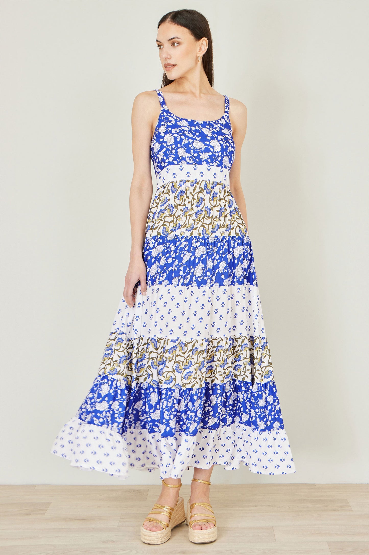 Yumi White And Blue Rayon Patchwork Print Tiered Maxi Dress