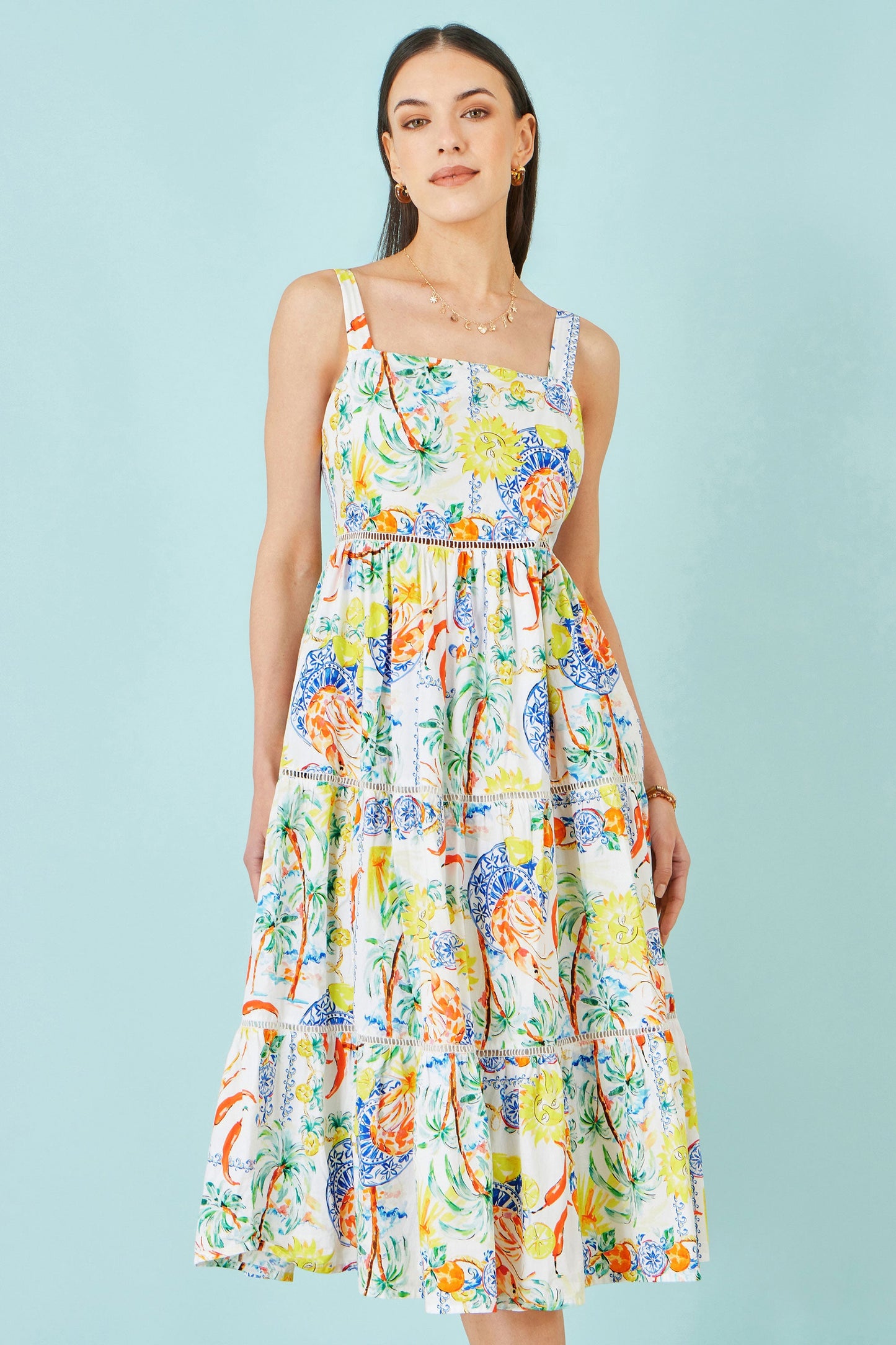 Yumi White Mediterranean Print Cotton Midi Sun Dress