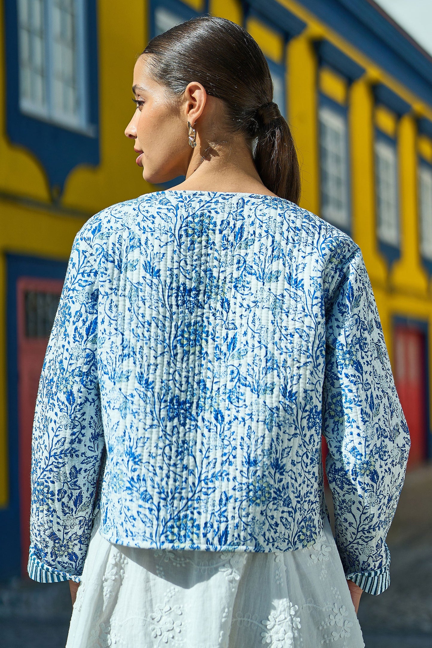 Yumi Blue Boho Floral Print Cropped Reversible Cotton Quilted Jacket