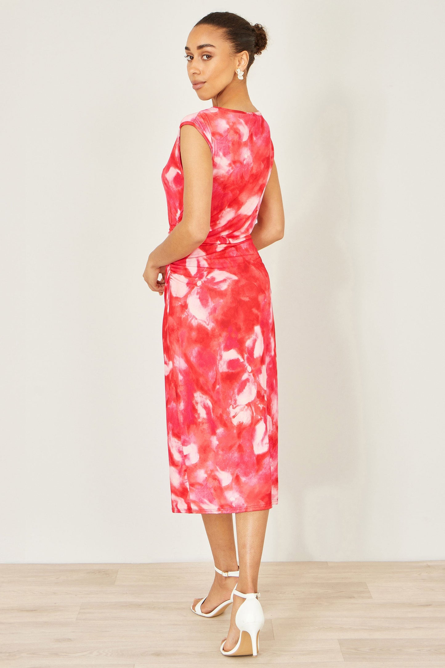 Yumi Red Mesh Ruched Bodycon Midi Dress