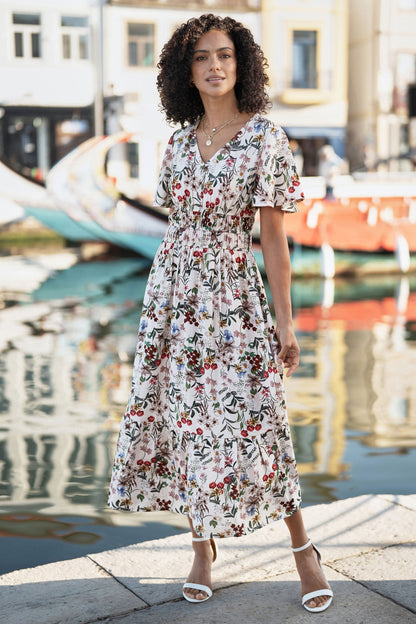 Yumi Ivory Botanical Print Viscose Midi Dress