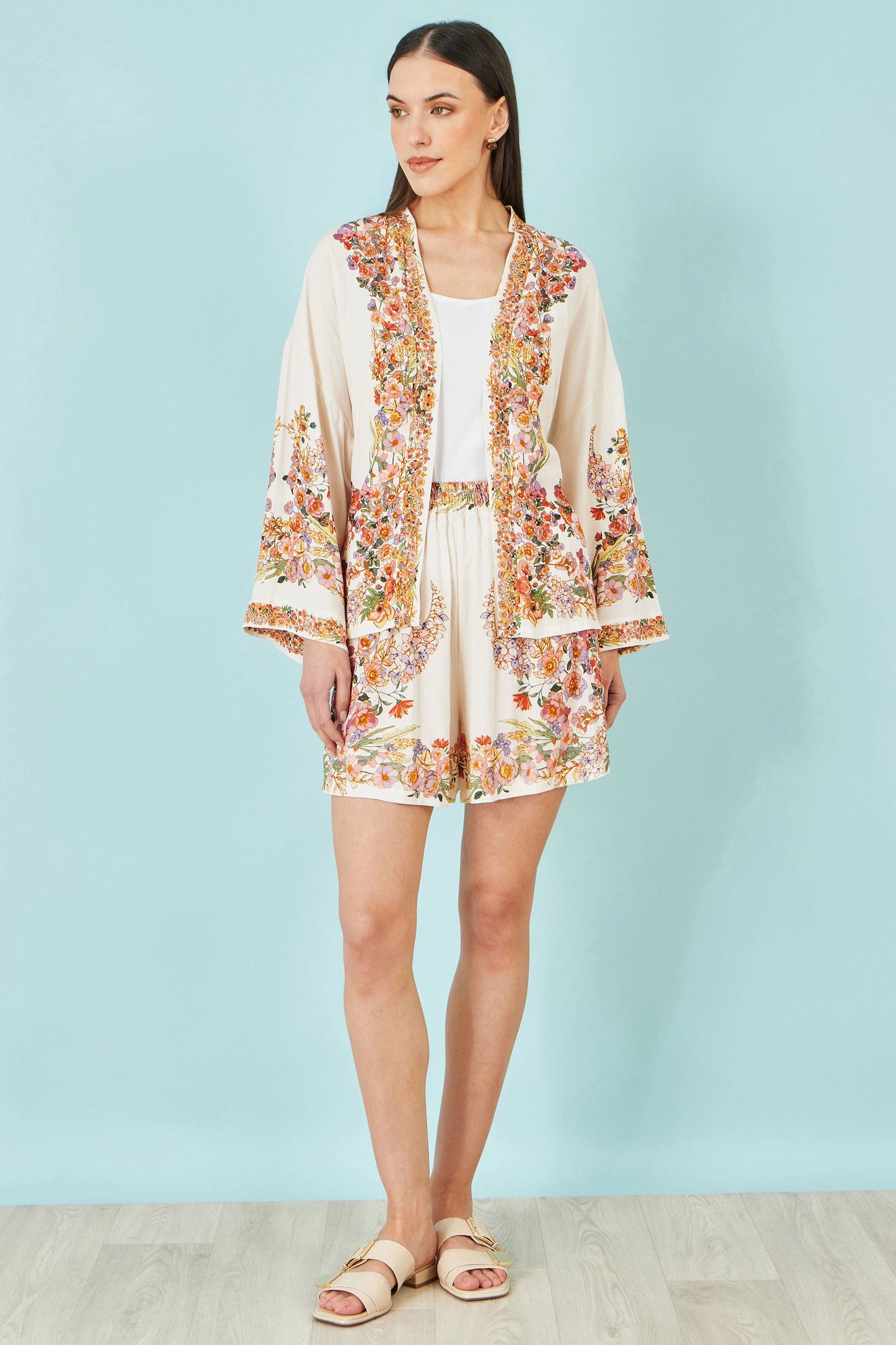 Yumi Ivory Viscose Floral Border Shorts