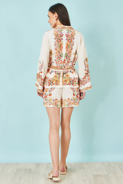 Yumi Ivory Viscose Floral Border Shorts