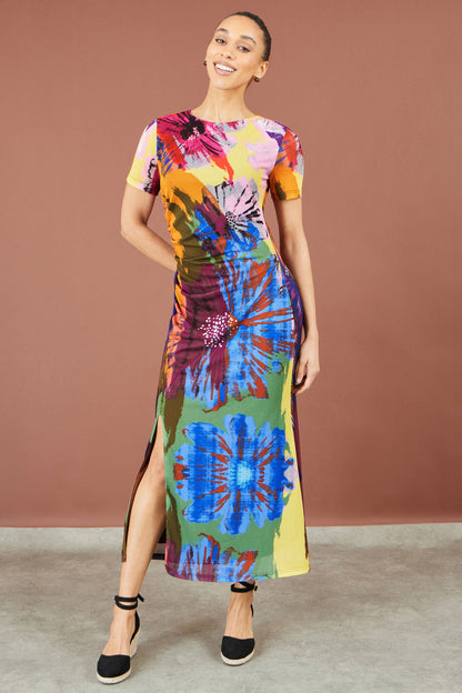 Yumi Multicolour Abstract Floral Mesh Midi Dress