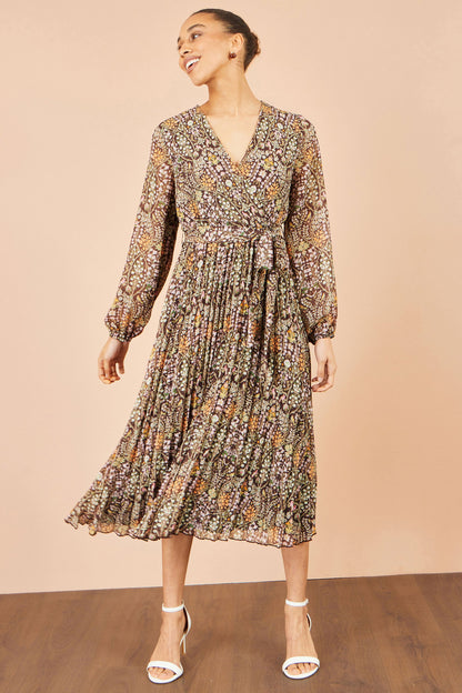 Yumi Brown Ditsy Floral Pleated Midi Dress