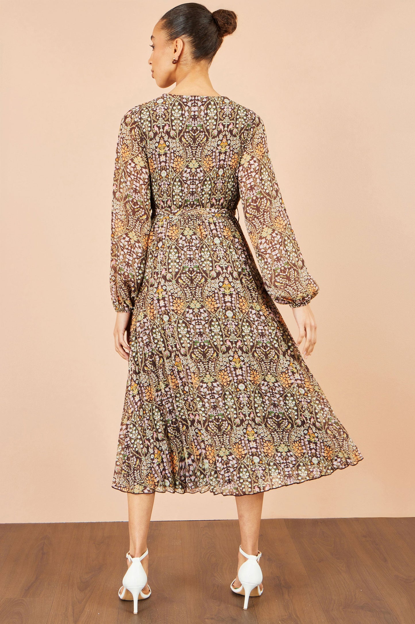 Yumi Brown Ditsy Floral Pleated Midi Dress