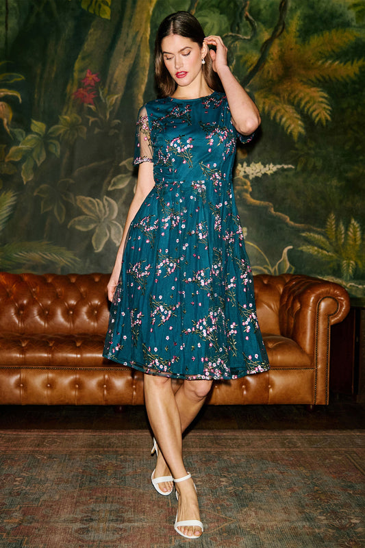 Women’s Yumi Teal Embroidered Floral Mesh Dress