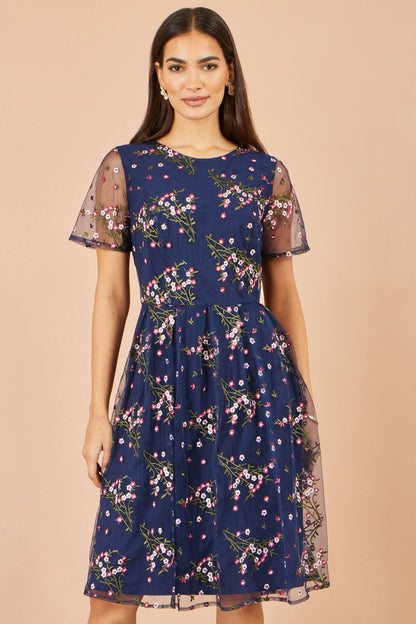 Yumi Navy Embroidered Floral Mesh Prom Dress