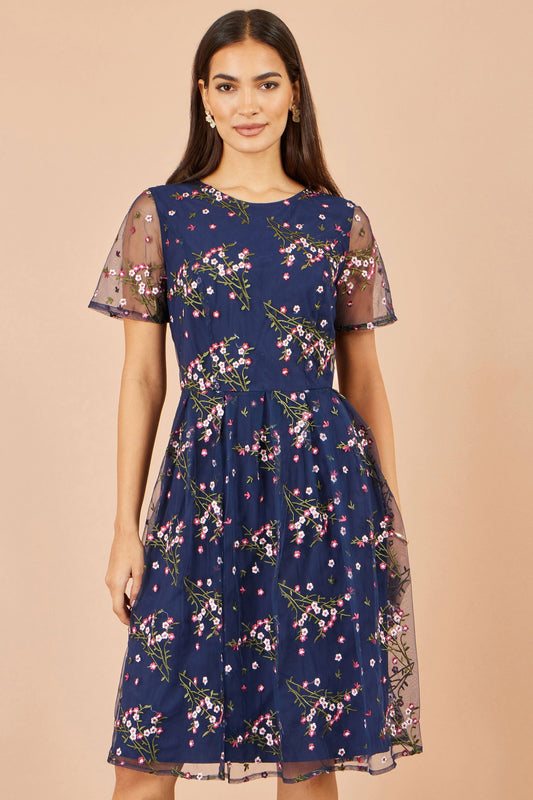 Yumi Navy Embroidered Floral Mesh Prom Dress