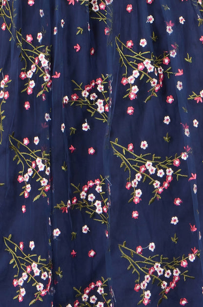 Yumi Navy Embroidered Floral Mesh Prom Dress