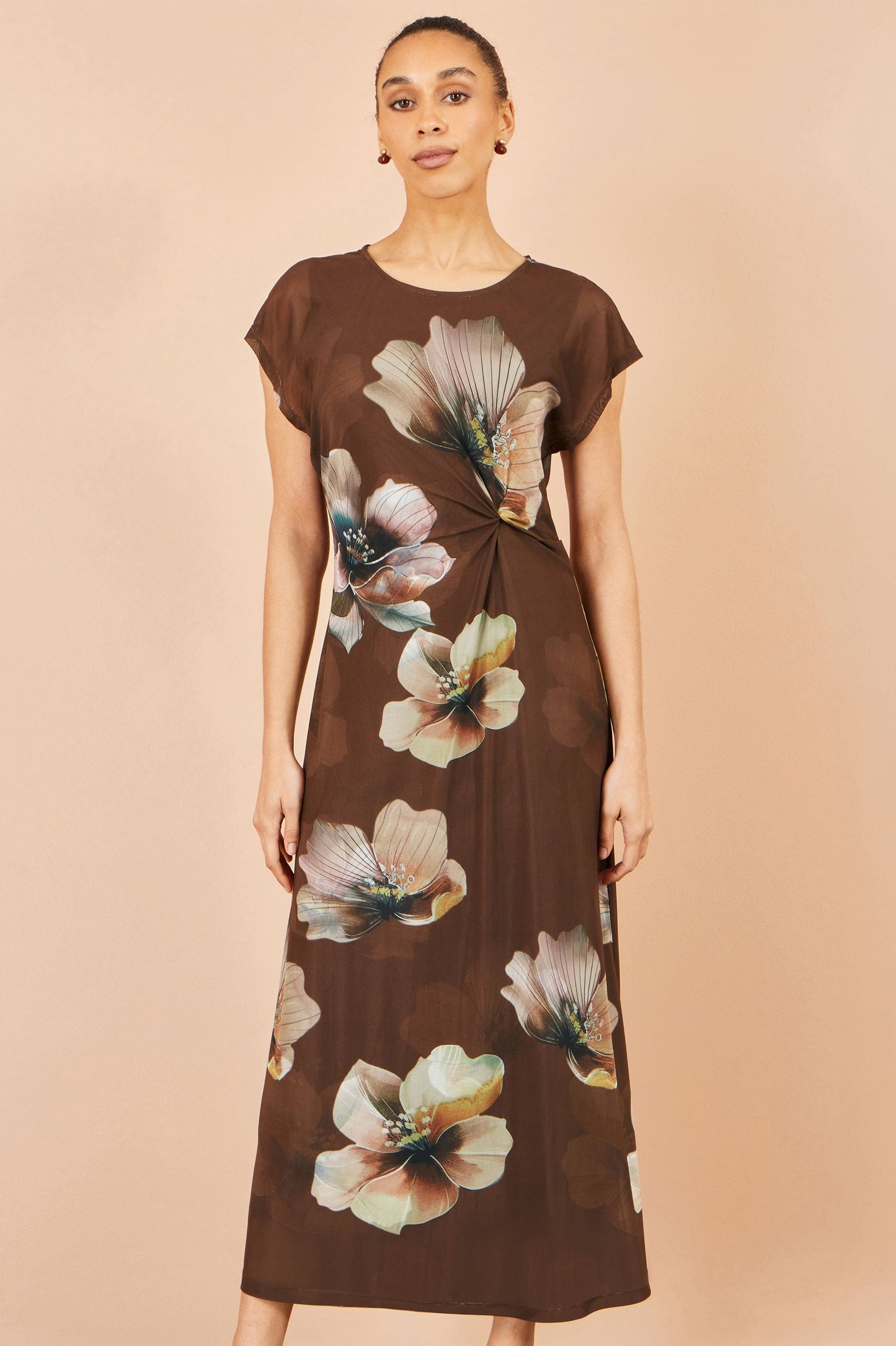 Yumi Brown Mesh Floral Midi Dress