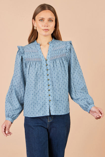 Yumi Blue Cotton Lace Detail Shirt