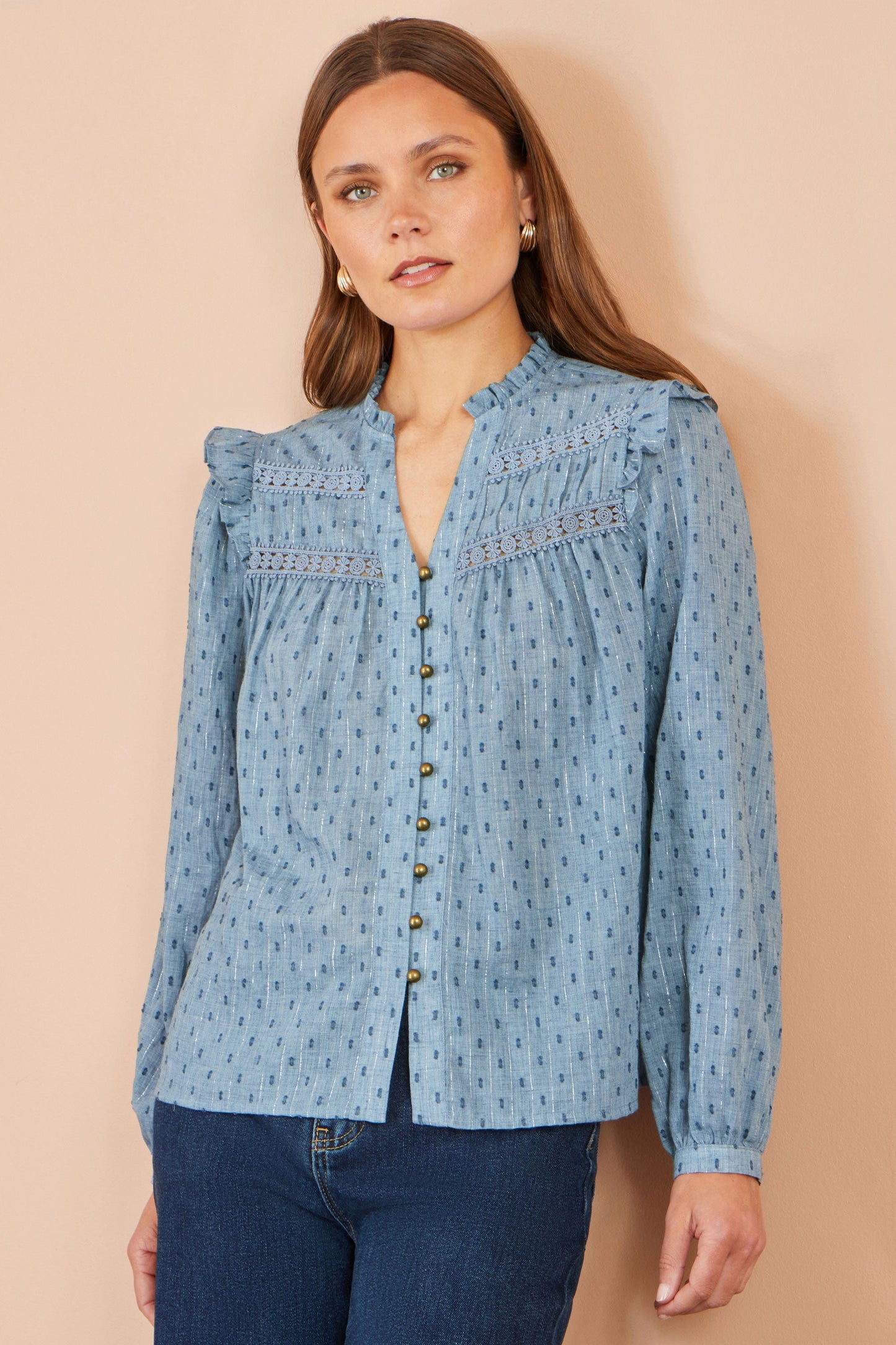 Yumi Blue Cotton Lace Detail Shirt