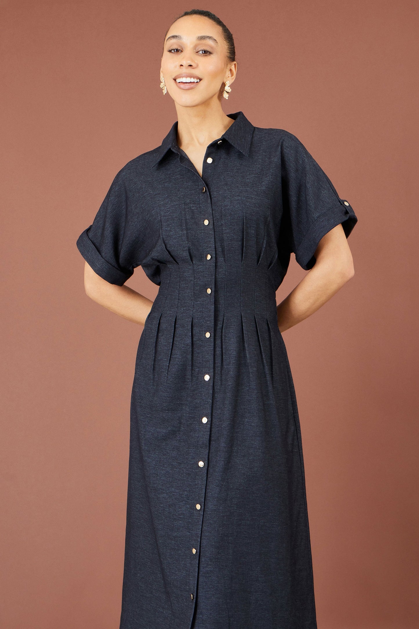 Women’s Yumi Navy Stretch Midi Shirt Dress