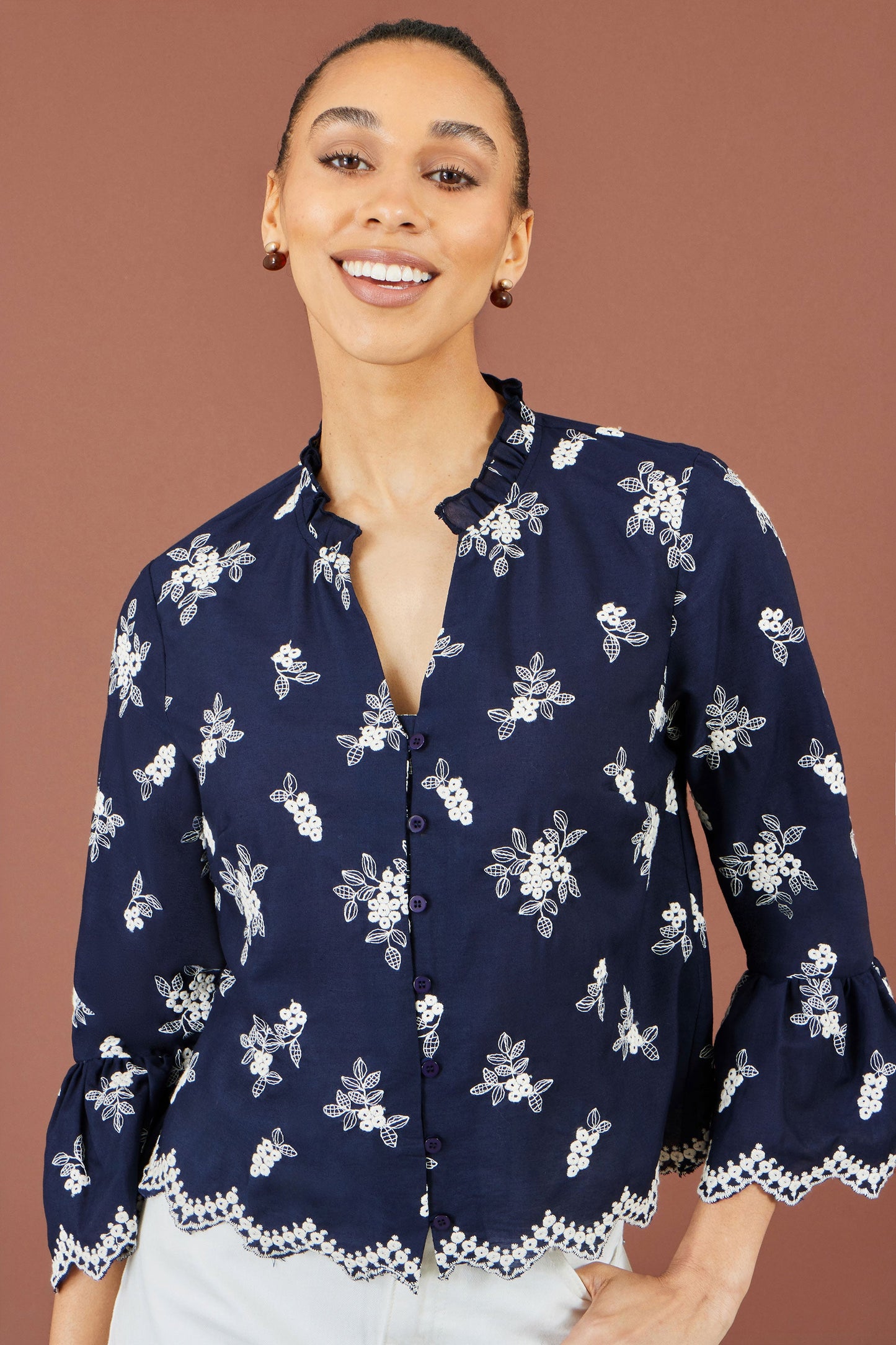 Yumi Navy Broderie Shirt With Fluted Sleeves