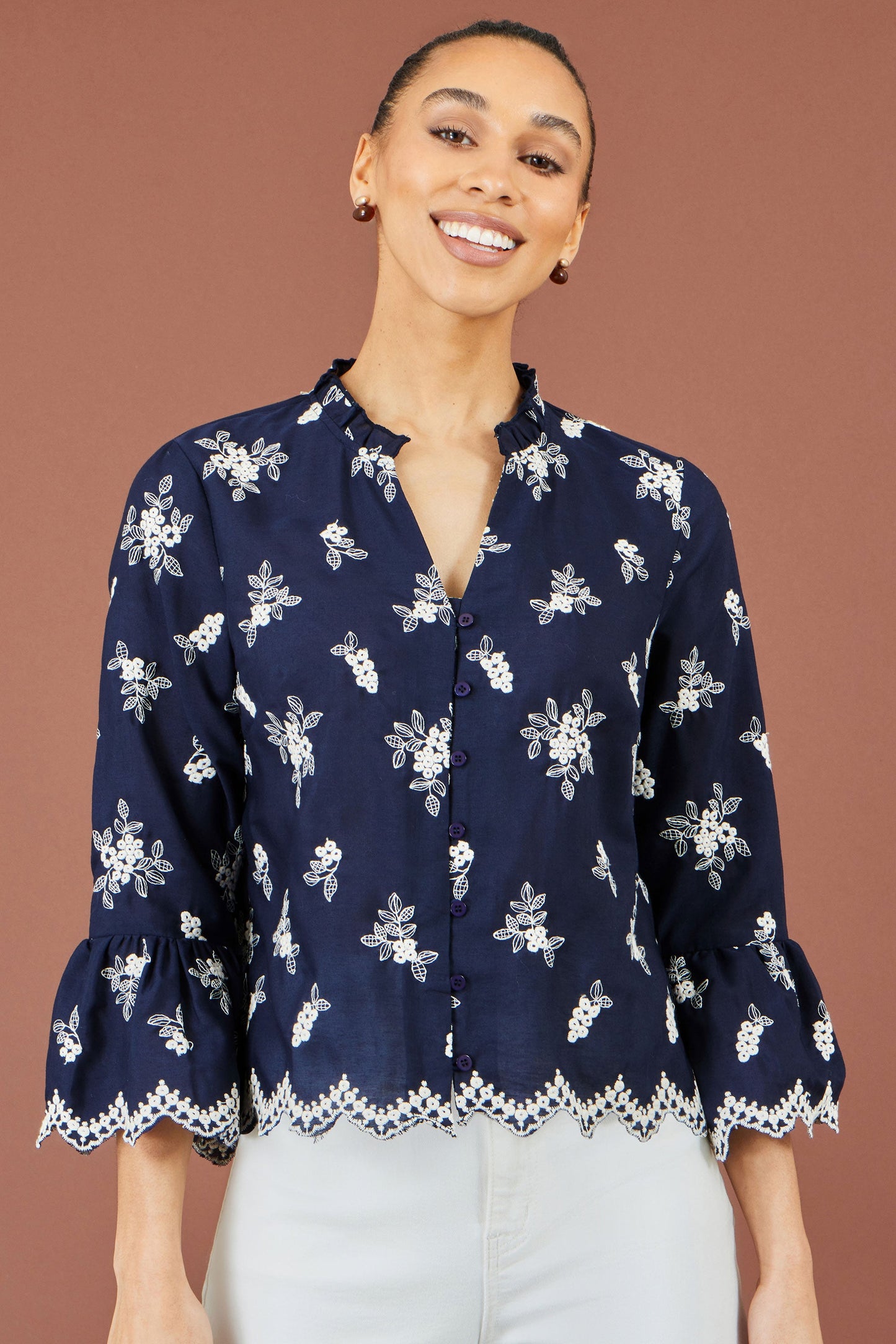 Yumi Navy Broderie Shirt With Fluted Sleeves