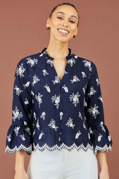 Yumi Navy Broderie Shirt With Fluted Sleeves