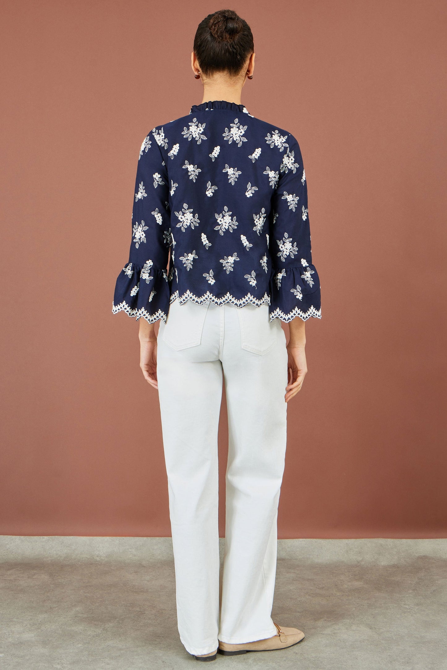 Yumi Navy Broderie Shirt With Fluted Sleeves