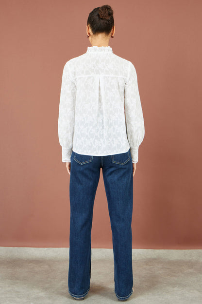 Yumi White Floral Cotton Shirt With Lace Details