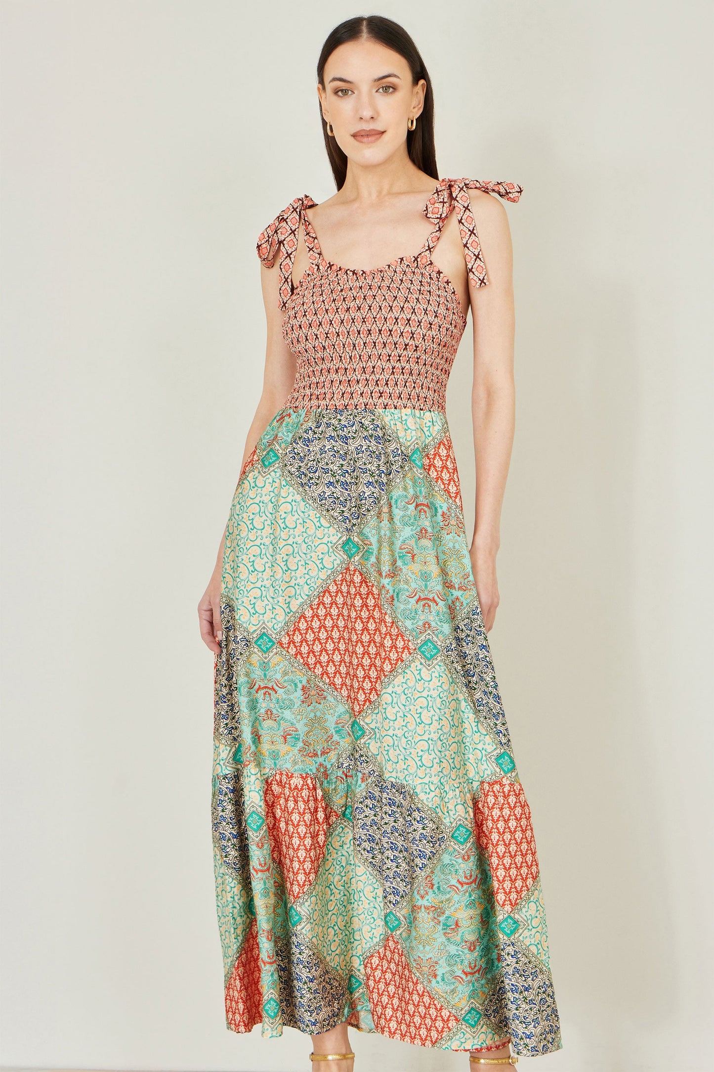 Yumi Multicolour Patchwork Ruched Smocked Maxi Sundress