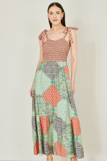 Yumi Multicolour Patchwork Ruched Smocked Maxi Sundress