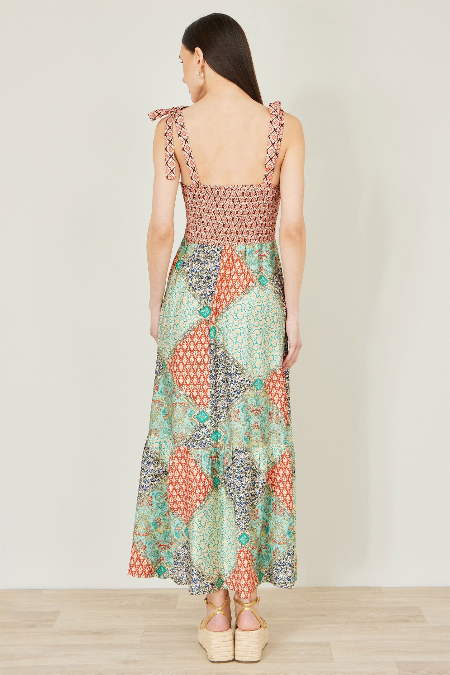 Yumi Multicolour Patchwork Ruched Smocked Maxi Sundress