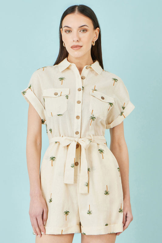 Yumi White Embroidered Palm Print Cotton Playsuit
