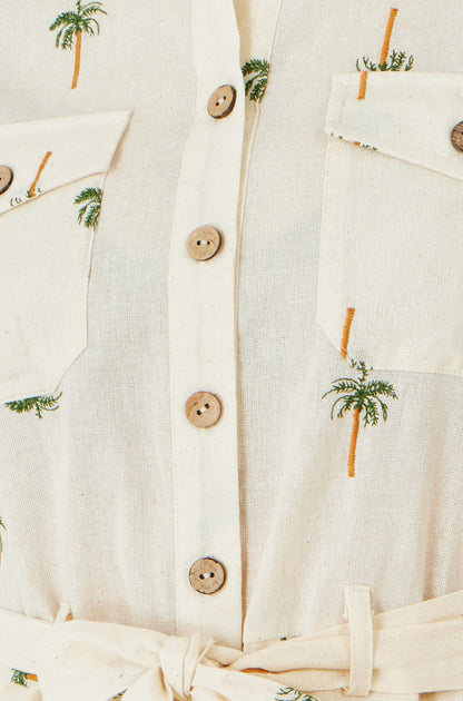 Yumi White Embroidered Palm Print Cotton Playsuit