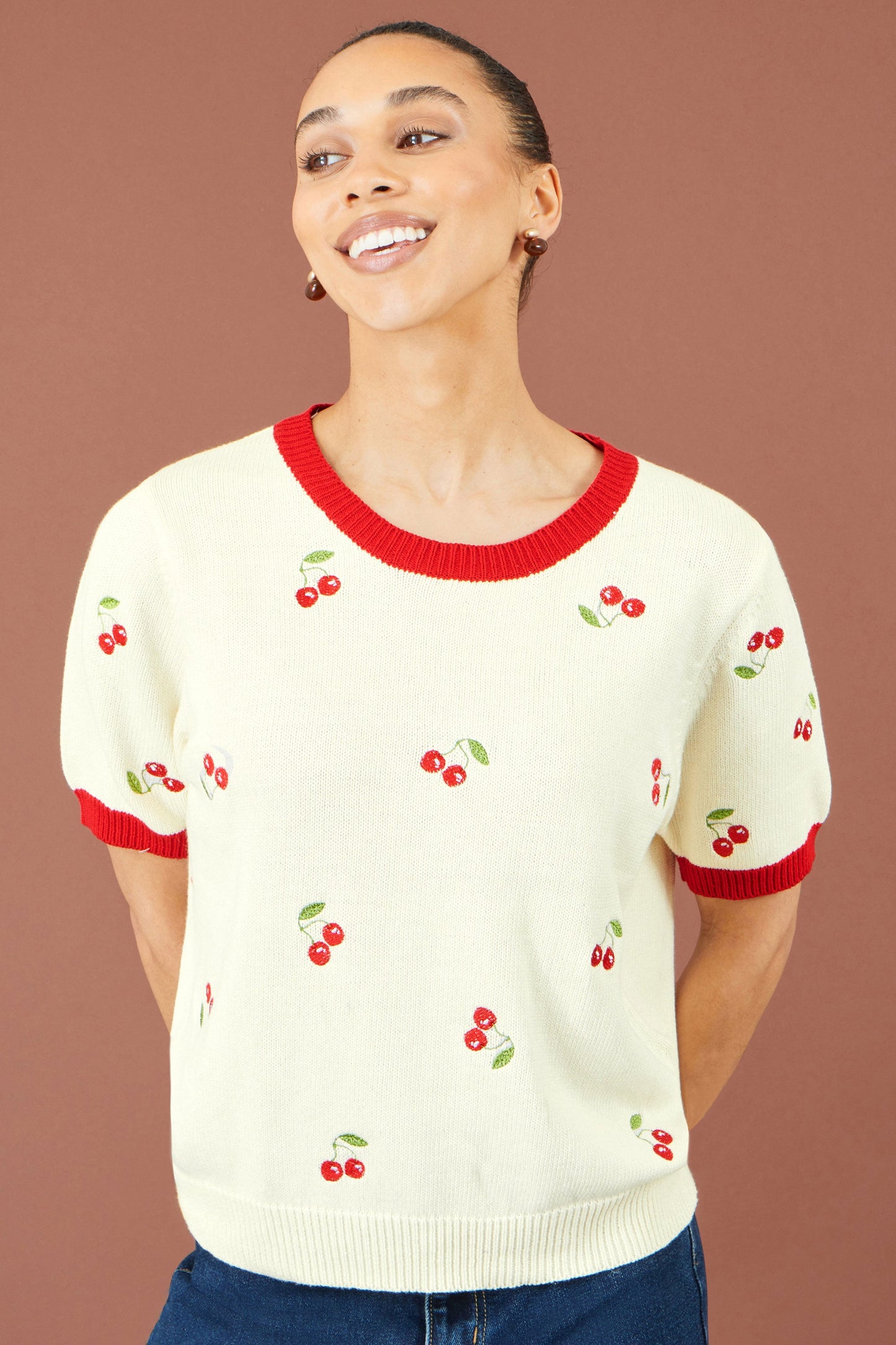 Yumi Ivory Cherry Cotton Knitted Top