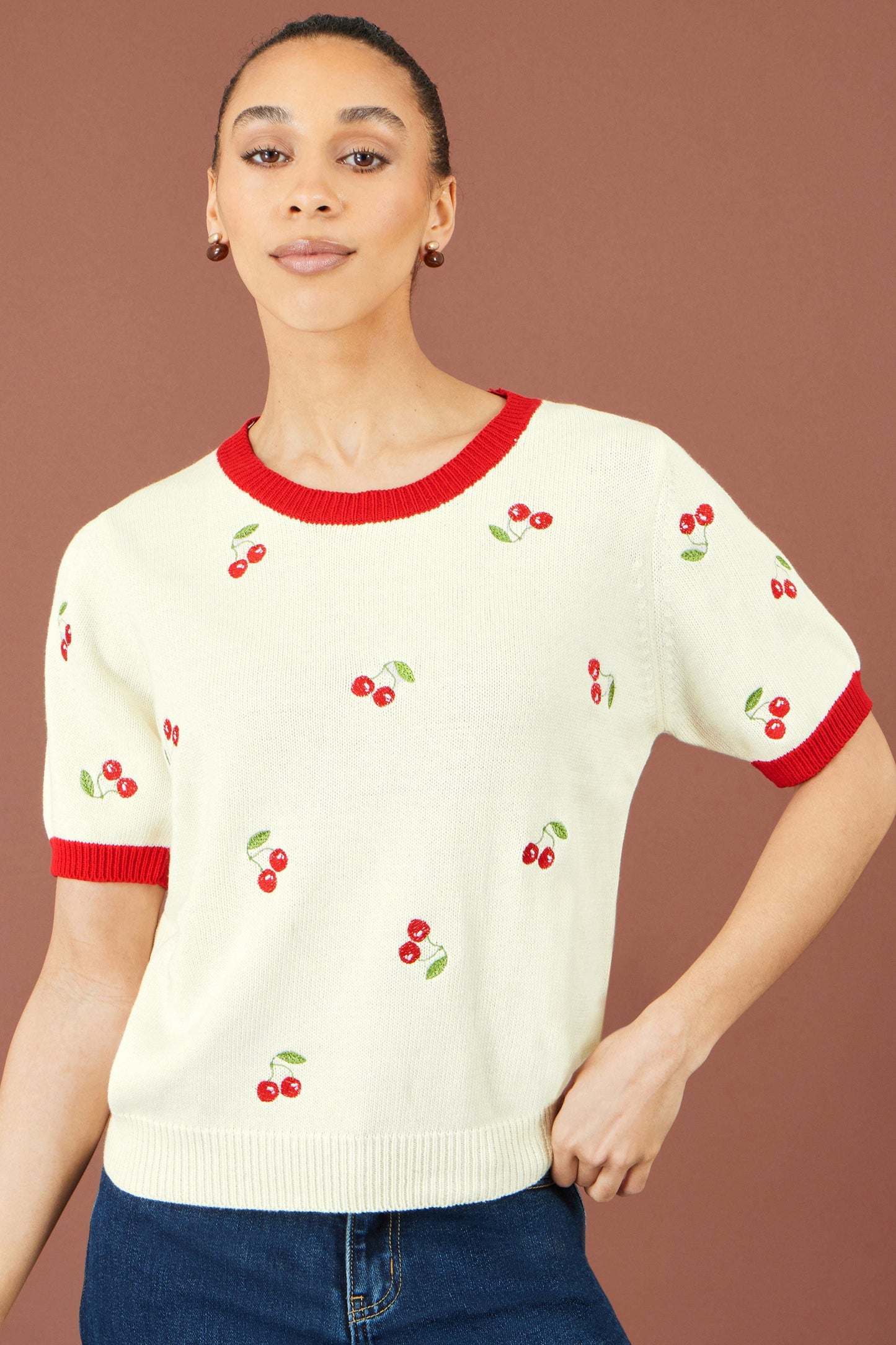 Yumi Ivory Cherry Cotton Knitted Top