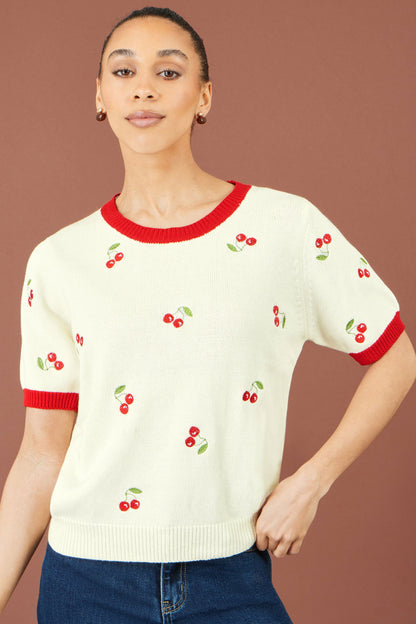Yumi Ivory Cherry Cotton Knitted Top