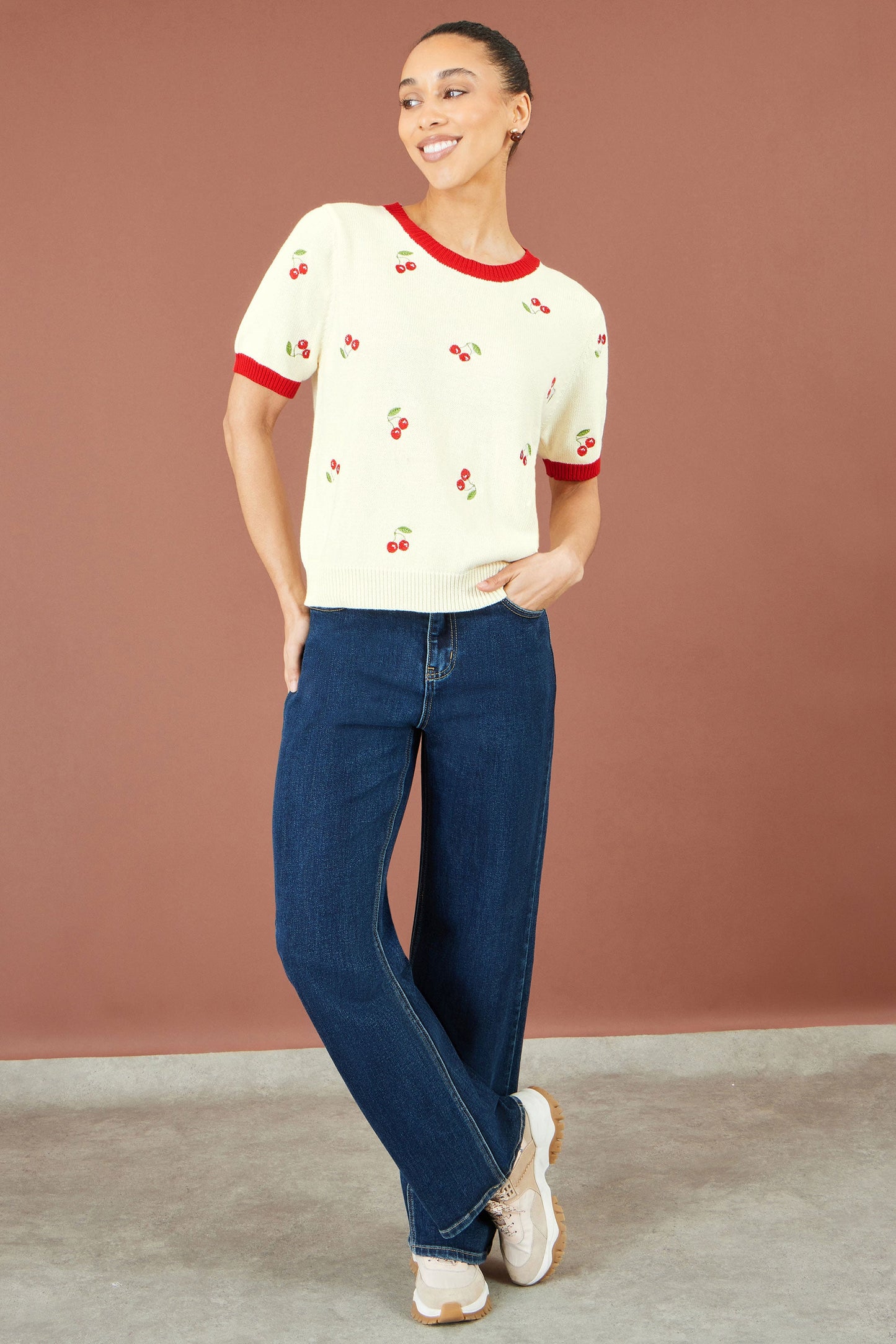 Yumi Ivory Cherry Cotton Knitted Top