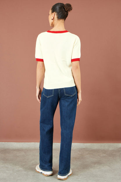 Yumi Ivory Cherry Cotton Knitted Top