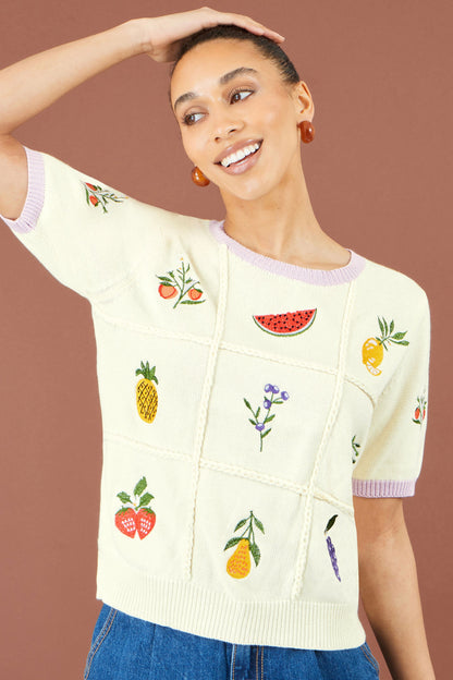 Yumi Ivory Fruit Cotton Knitted Top