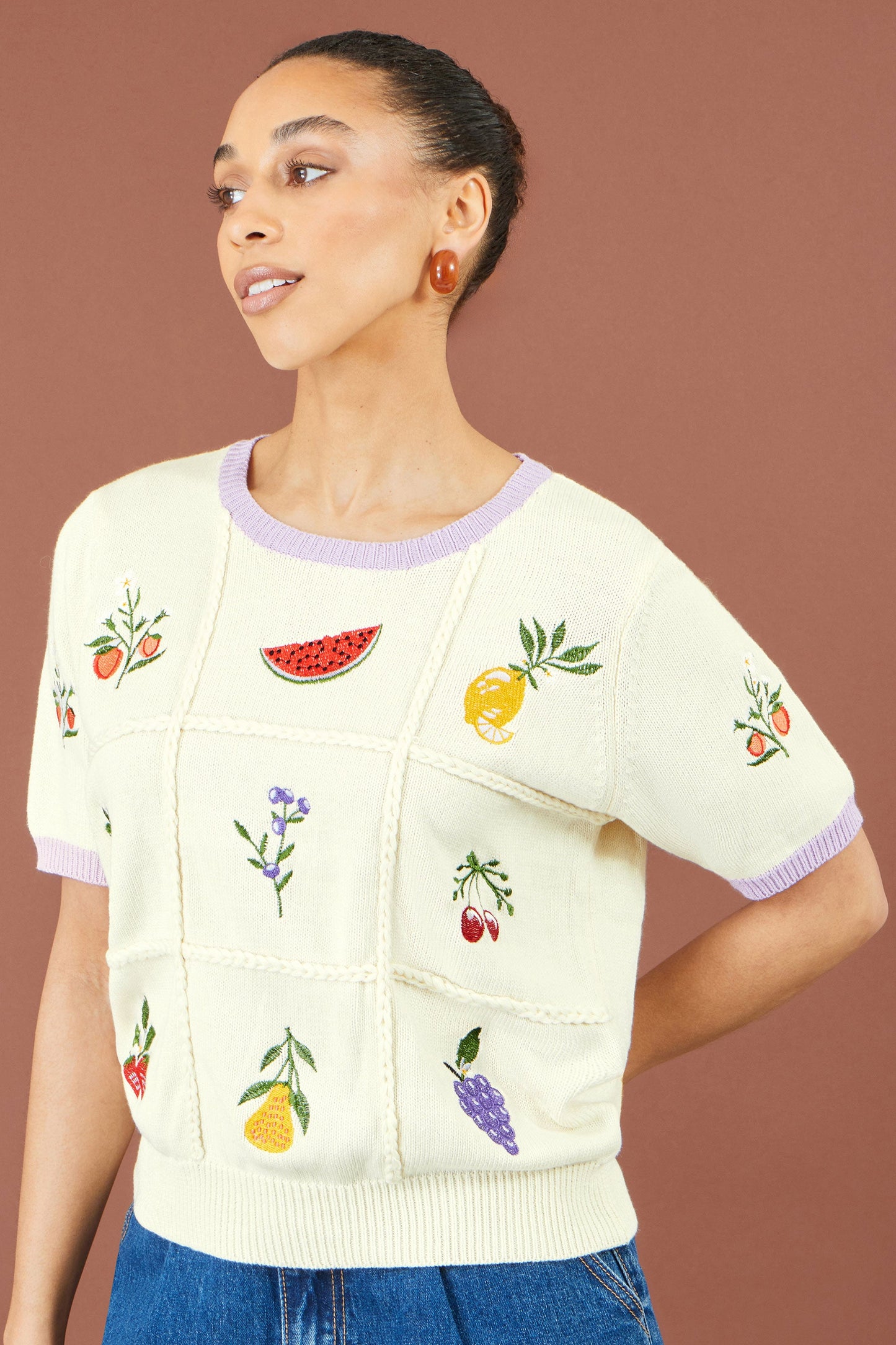 Yumi Ivory Fruit Cotton Knitted Top