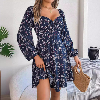 Women’s Floral Chiffon Lantern Sleeve Mini Dress