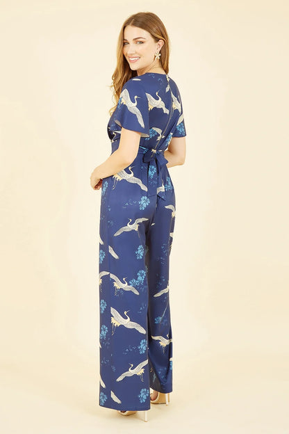 Yumi Black Crane Print Angel Sleeve Jumpsuit
