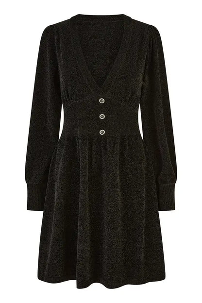 Yumi Black V Neck Empire Line Knitted Skater Dress