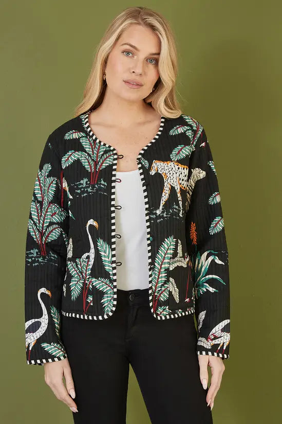 Yumi Black Animal Print Reversible Cotton Cropped Quilted Jacket