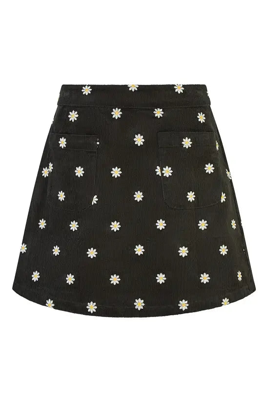 Yumi Black Corduroy Embroidered Daisy Mini Skirt