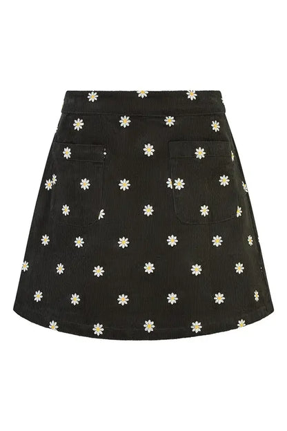 Yumi Black Corduroy Embroidered Daisy Mini Skirt